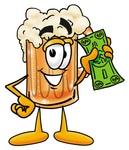 Royalty-free cartoon styled beverage clip art graphic of a frothy mug of beer or soda cartoon character